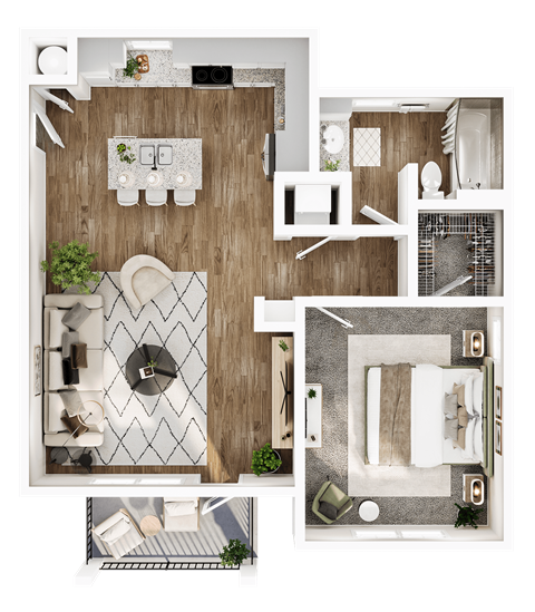 Floor plan for 1 bed, 1 bath, 769 sqft